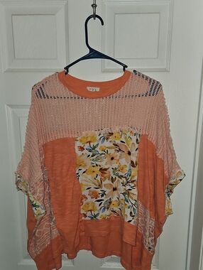 POL Orange Coral Knit Tunic with Floral Patch